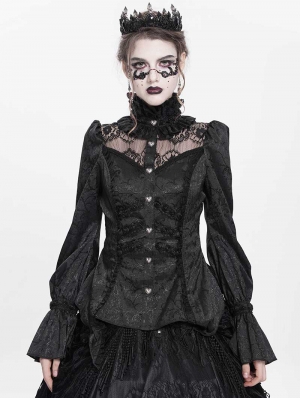 Black Vintage Gothic Jacquard Lace Paneled Long Sleeve Shirt for Women