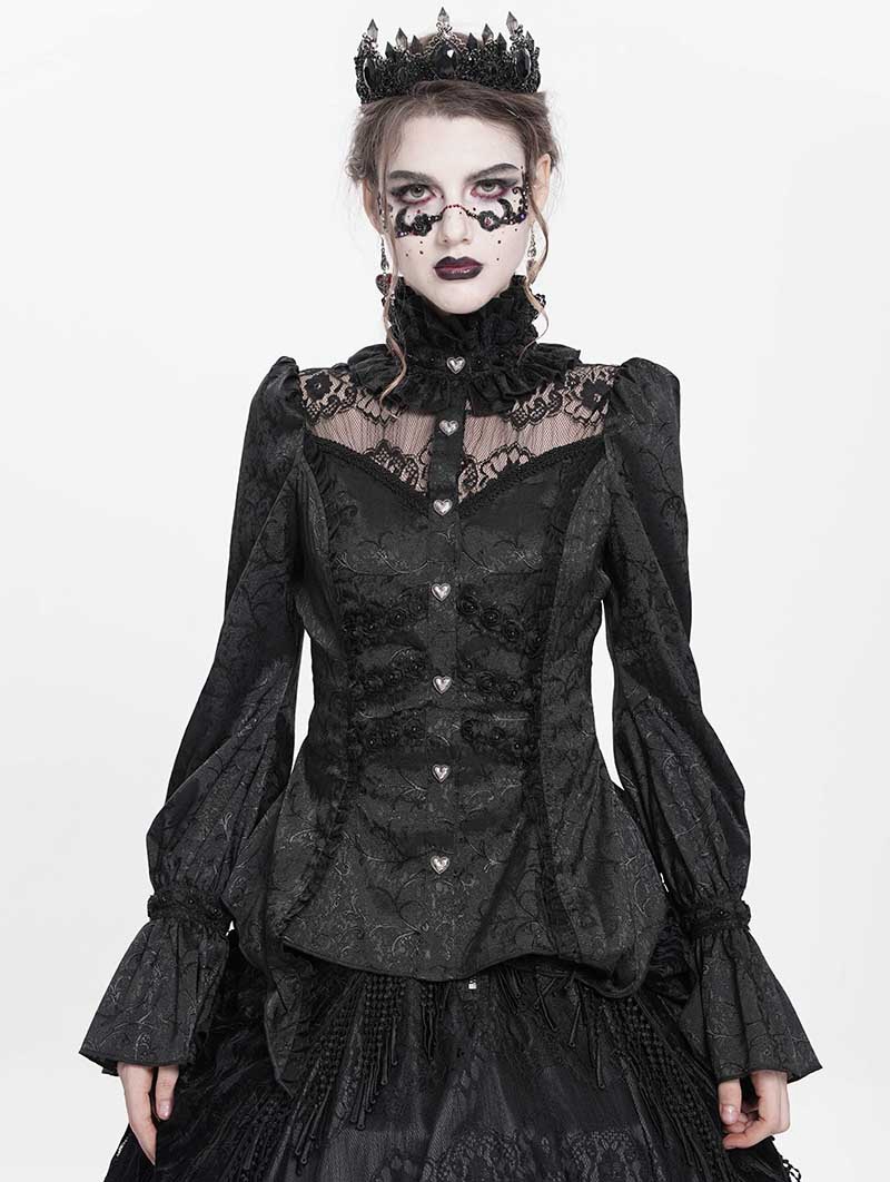 Black Vintage Gothic Jacquard Lace Paneled Long Sleeve Shirt for Women