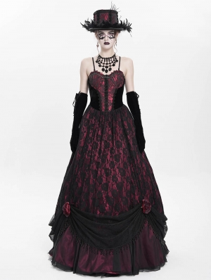 Red Gothic Floral Lace Velvet Beaded Long Slip Party Dress