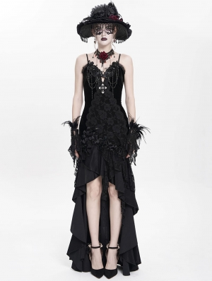 Black Gothic Embroidered Irregular Ruffled Velvet High-Low Dress