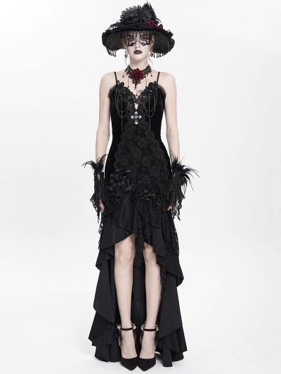 Black Gothic Embroidered Irregular Ruffled Velvet High-Low Dress