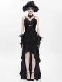 Black Gothic Embroidered Irregular Ruffled Velvet High-Low Dress