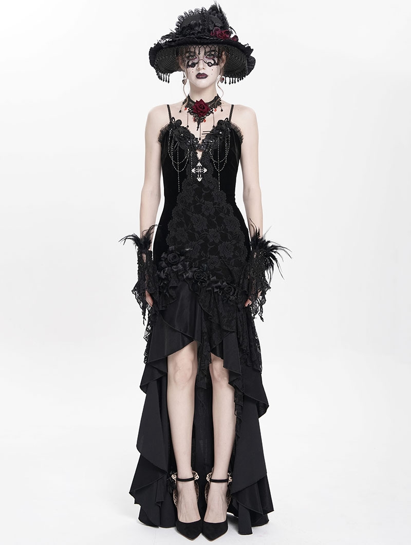 Black Gothic Embroidered Irregular Ruffled Velvet High-Low Dress