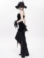 Black Gothic Embroidered Irregular Ruffled Velvet High-Low Dress