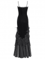 Black Gothic Embroidered Irregular Ruffled Velvet High-Low Dress
