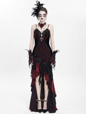 Red Gothic Embroidered Irregular Ruffled Velvet High-Low Dress