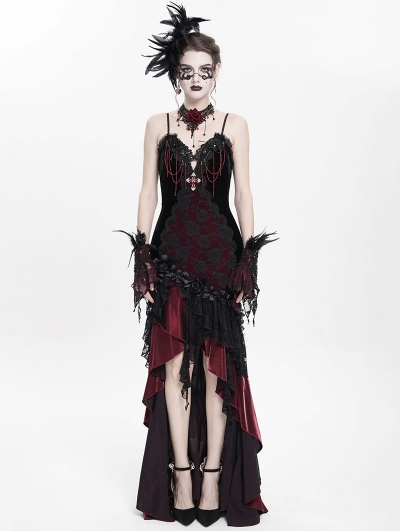 Red Gothic Embroidered Irregular Ruffled Velvet High-Low Dress