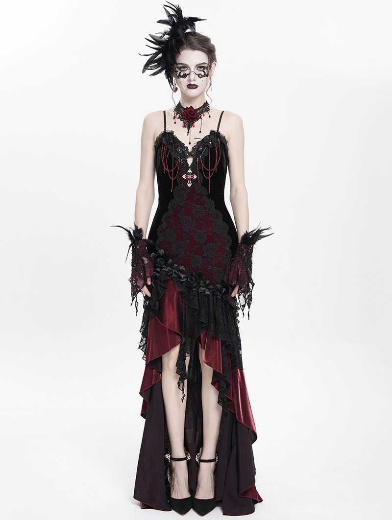 Red Gothic Embroidered Irregular Ruffled Velvet High-Low Dress