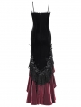 Red Gothic Embroidered Irregular Ruffled Velvet High-Low Dress