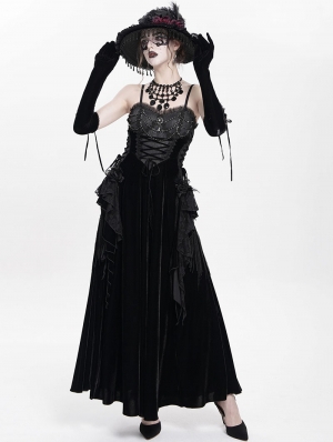 Black Gothic Lace Spliced Velvet Tassel Long Slip Dress
