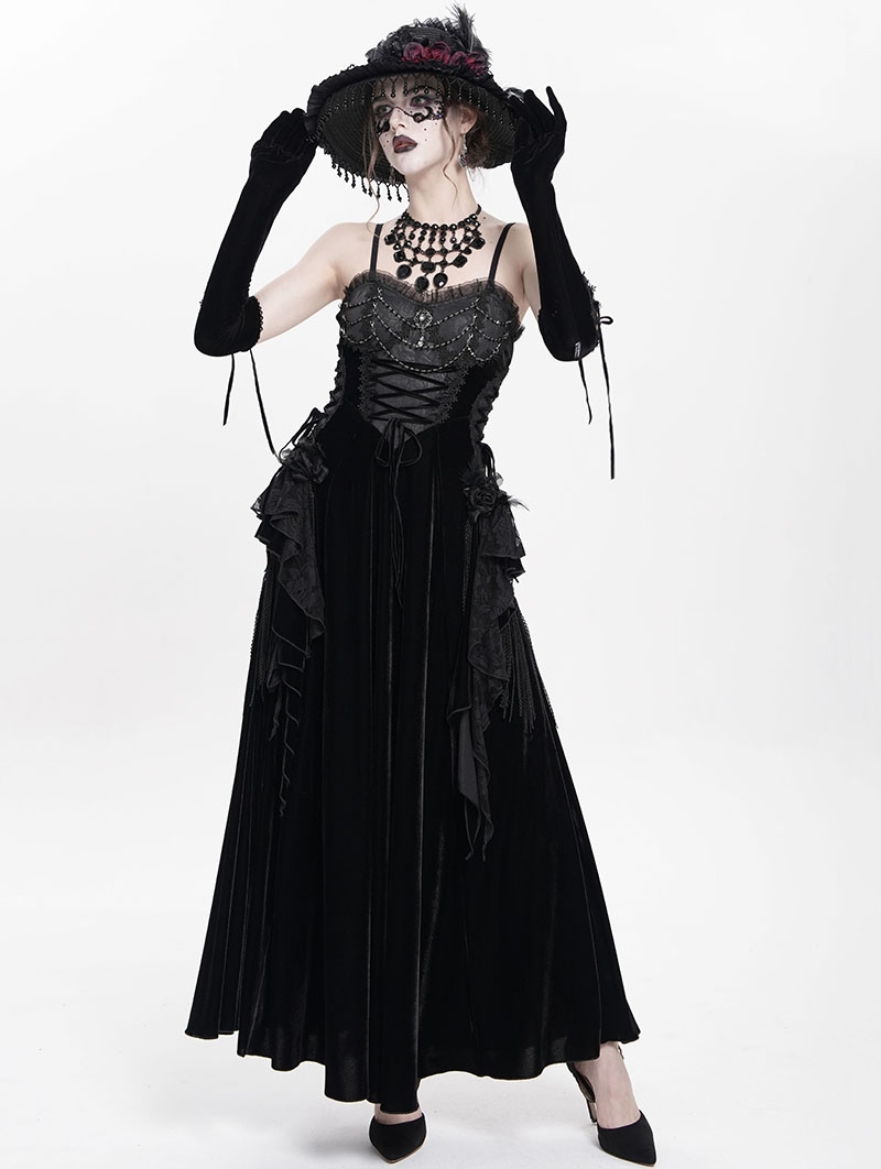 Black Gothic Lace Spliced Velvet Tassel Long Slip Dress