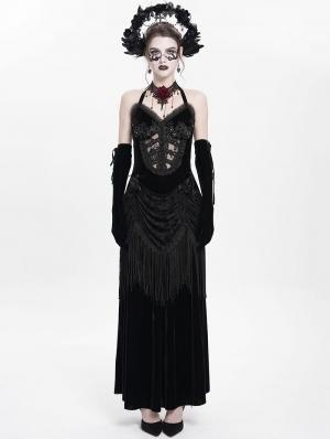 Black Sexy Gothic Halter Ruched Hollow Out Velvet Maxi Dress