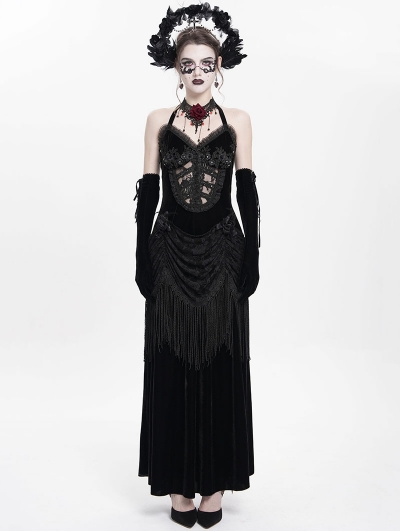 Black Sexy Gothic Halter Ruched Hollow Out Velvet Maxi Dress