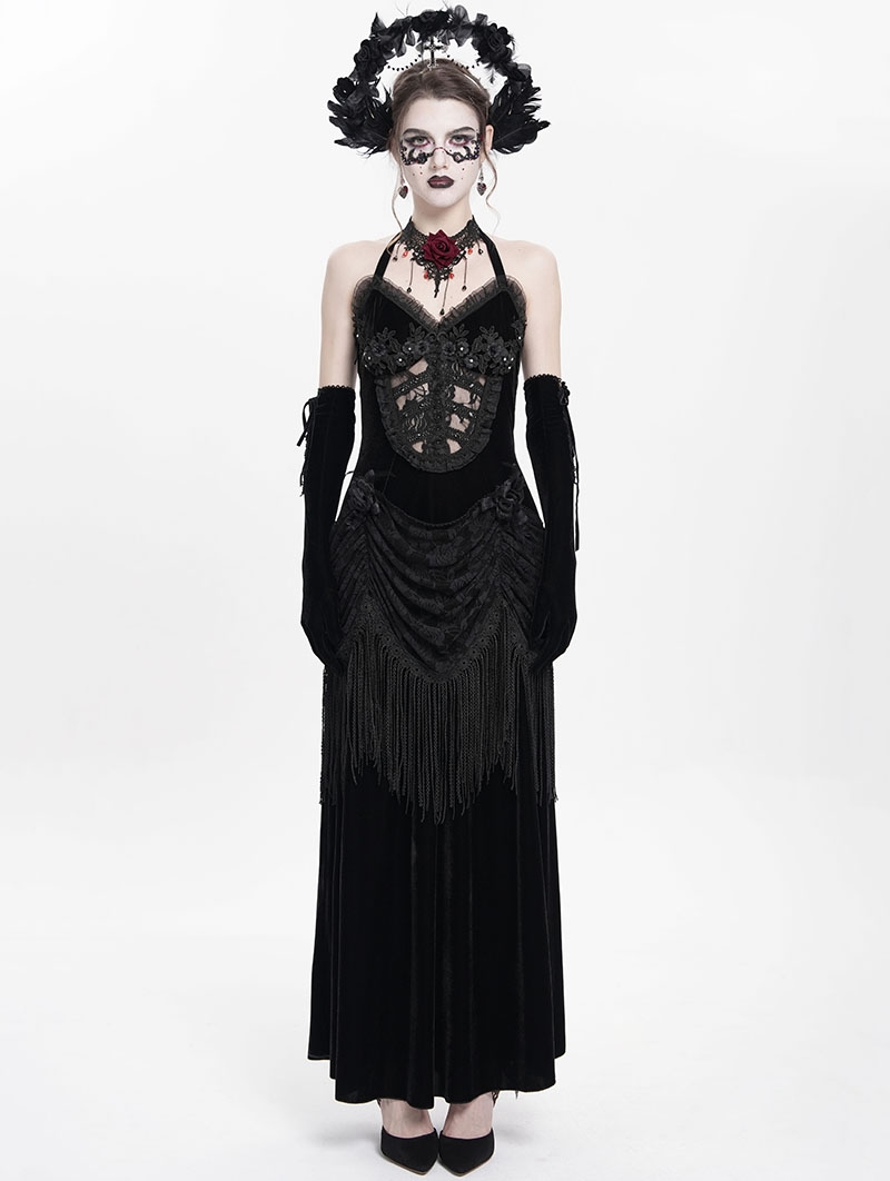Black Sexy Gothic Halter Ruched Hollow Out Velvet Maxi Dress