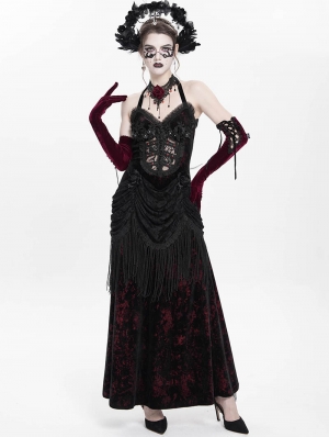Black and Red Sexy Gothic Halter Ruched Hollow Out Velvet Maxi Dress