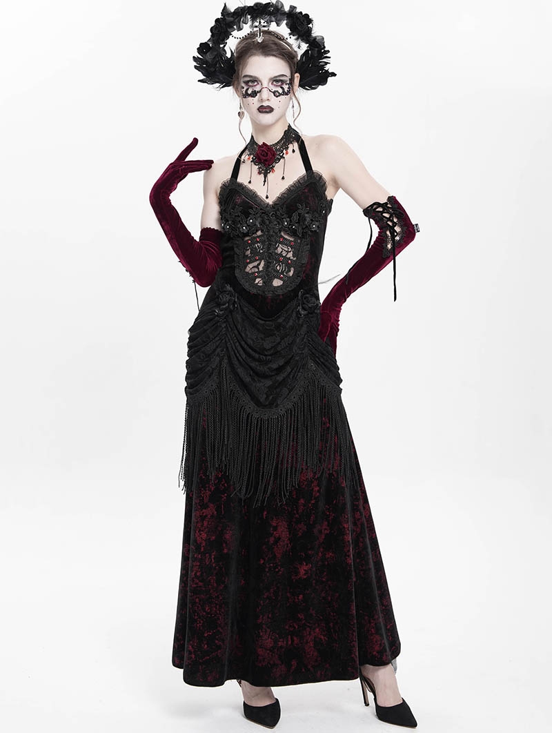 Black and Red Sexy Gothic Halter Ruched Hollow Out Velvet Maxi Dress