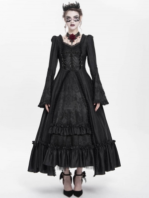 Black Vintage Gothic Embroidered Lace Ruffled Bell Long Sleeve Maxi Dress