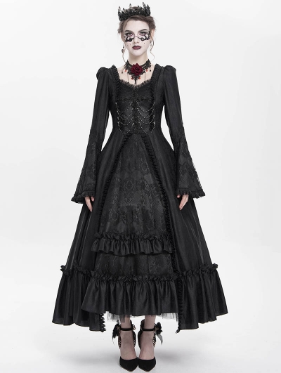 Black Vintage Gothic Embroidered Lace Ruffled Bell Long Sleeve Maxi Dress