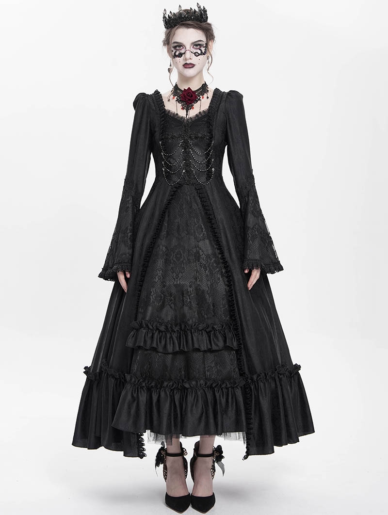 Black Vintage Gothic Embroidered Lace Ruffled Bell Long Sleeve Maxi Dress