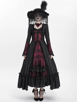 Red Vintage Gothic Embroidered Lace Ruffled Bell Long Sleeve Maxi Dress