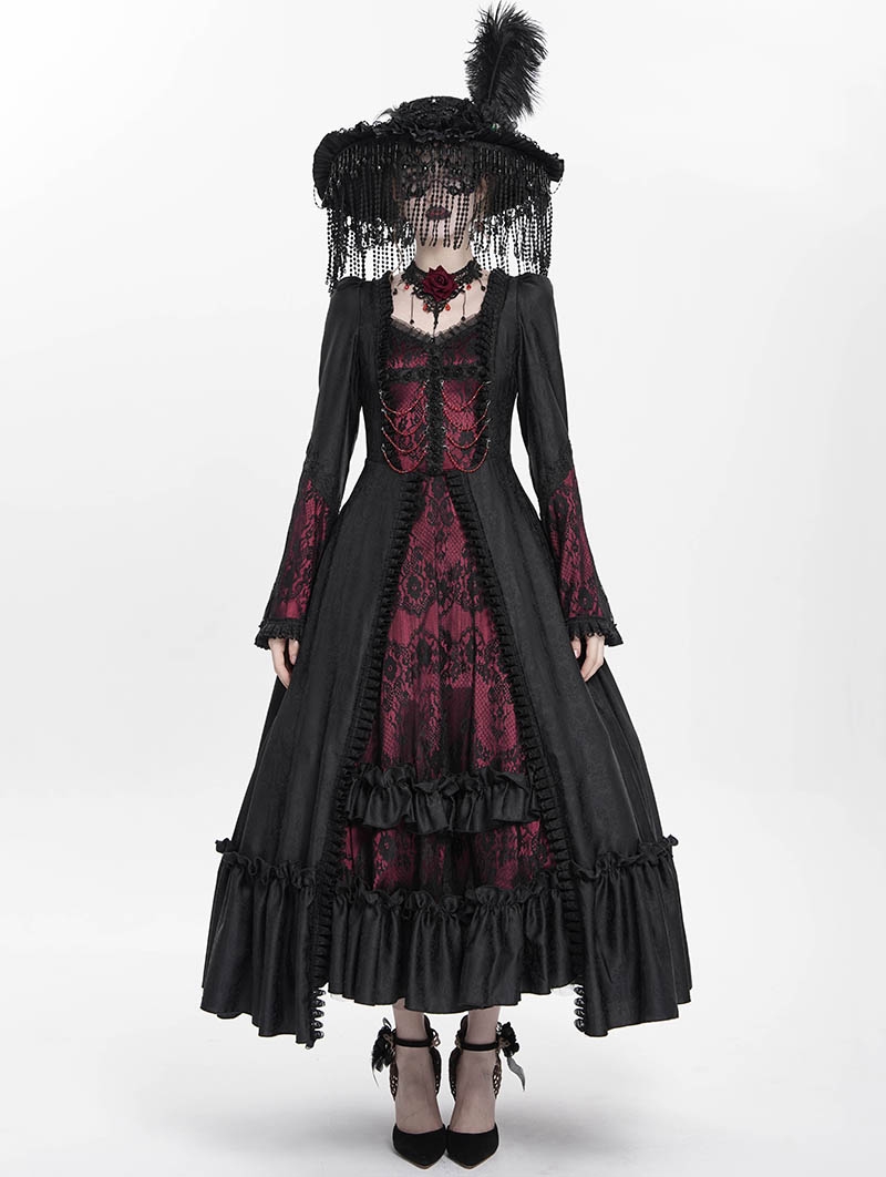Red Vintage Gothic Embroidered Lace Ruffled Bell Long Sleeve Maxi Dress