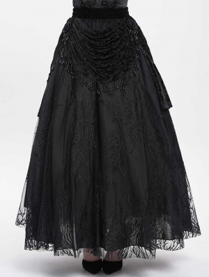 Black Gothic Beaded Embroidered Floral Layered Mesh Long Skirt