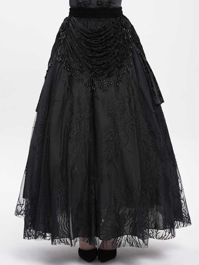 Black Gothic Beaded Embroidered Floral Layered Mesh Long Skirt