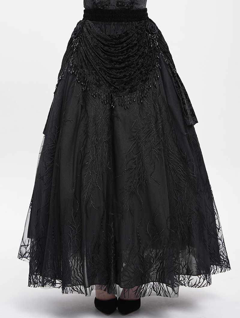 Black Gothic Beaded Embroidered Floral Layered Mesh Long Skirt