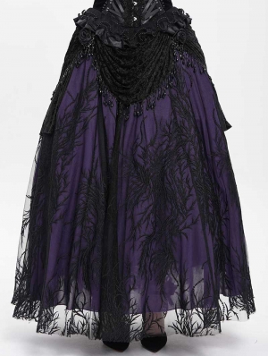 Black and Purple Gothic Beaded Embroidered Floral Layered Mesh Long Skirt