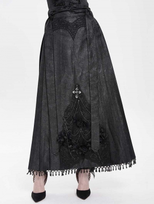 Black Gothic Cross Chain Pleated Wrap High Waist Long Skirt