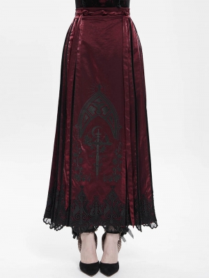Red Gothic Cross Embroidered Pleated Wrap High Waist Long Skirt