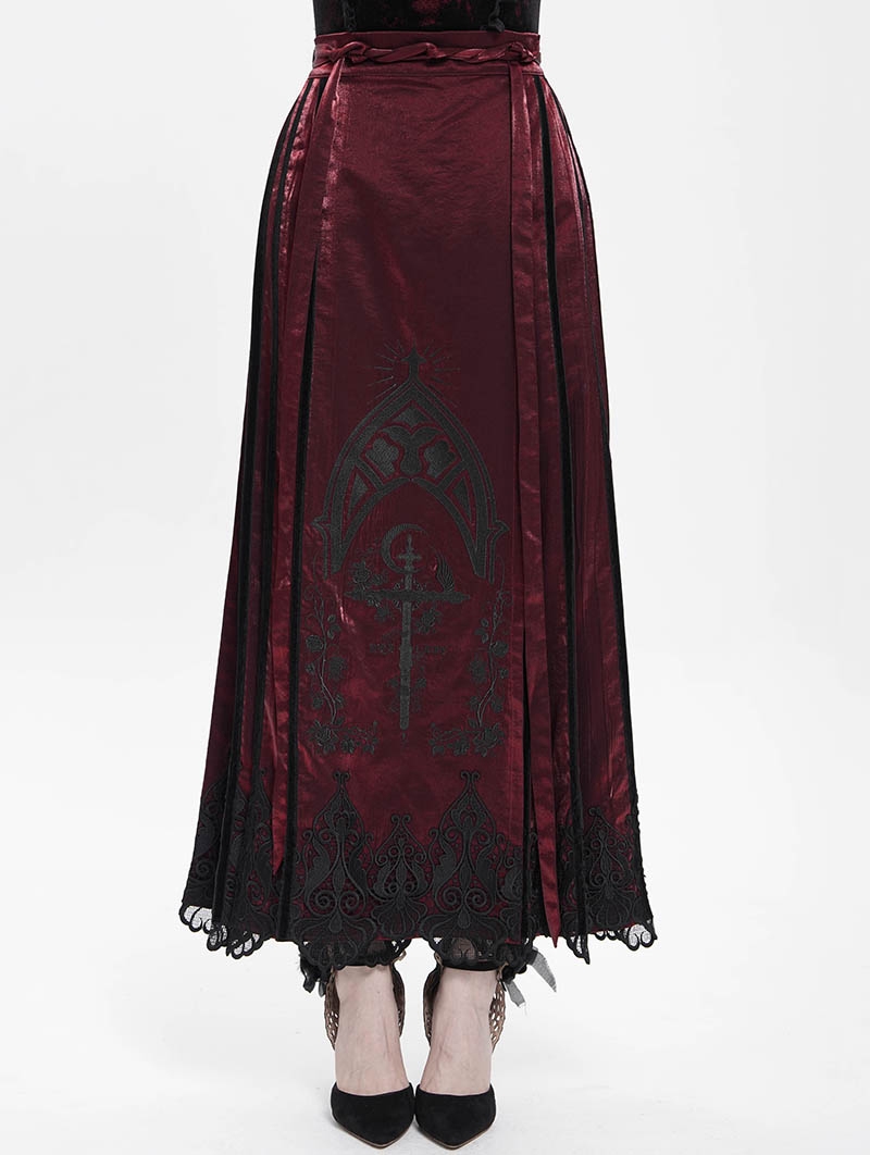 Red Gothic Cross Embroidered Pleated Wrap High Waist Long Skirt