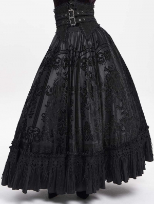 Black Gothic Double Buckle Belt Embroidered Lace Maxi Skirt