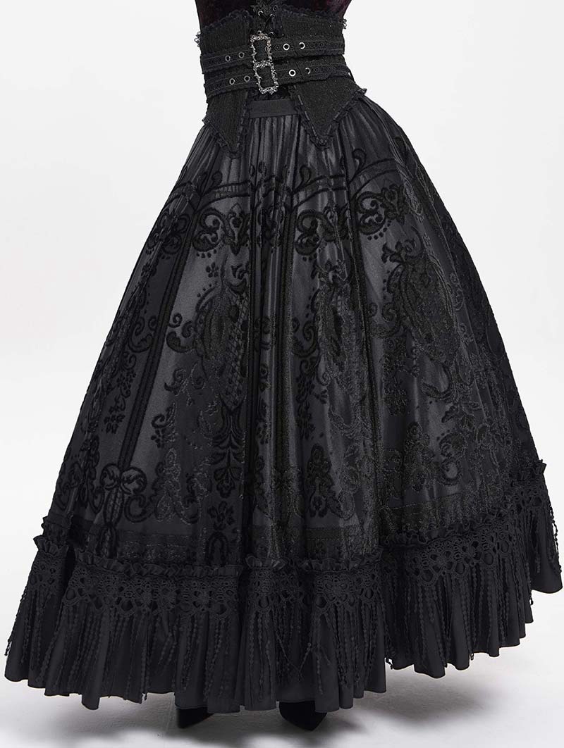 Black Gothic Double Buckle Belt Embroidered Lace Maxi Skirt