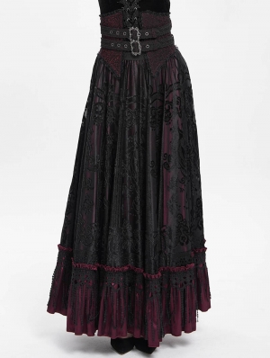 Black and Red Gothic Double Buckle Belt Embroidered Lace Maxi Skirt