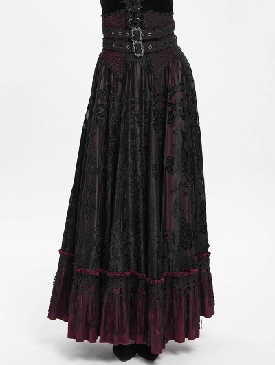 Black and Red Gothic Double Buckle Belt Embroidered Lace Maxi Skirt