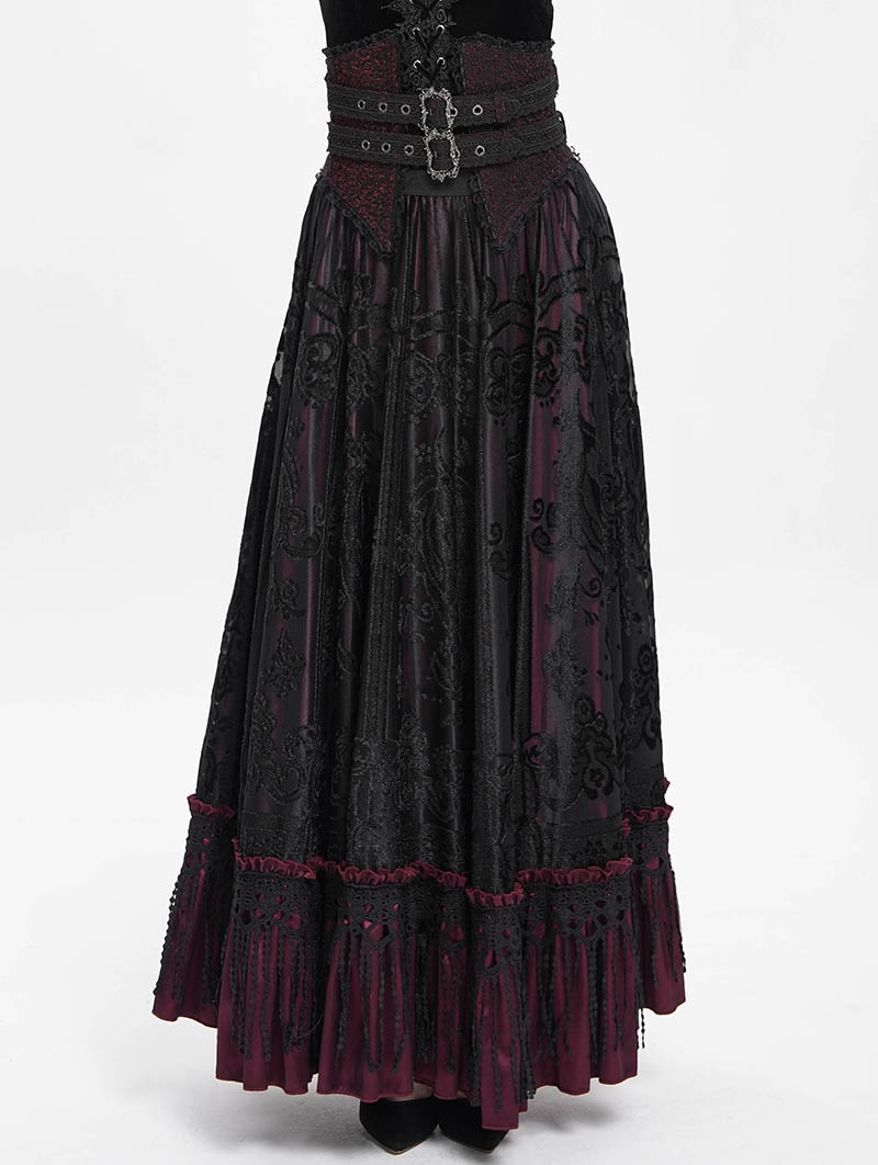 Black and Red Gothic Double Buckle Belt Embroidered Lace Maxi Skirt