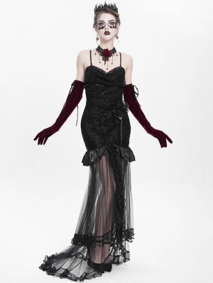 Black Gothic Beading Velvet Mesh Splicing Long Slip Party Dress