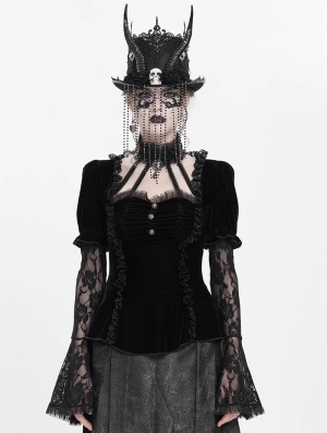 Black Gothic Lace Paneled Puff Sleeve Velvet Shirt for Women