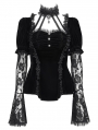 Black Gothic Lace Paneled Puff Sleeve Velvet Shirt for Women