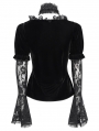 Black Gothic Lace Paneled Puff Sleeve Velvet Shirt for Women