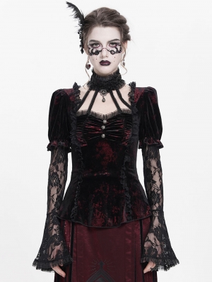 Red Gothic Lace Paneled Puff Sleeve Velvet Shirt for Women