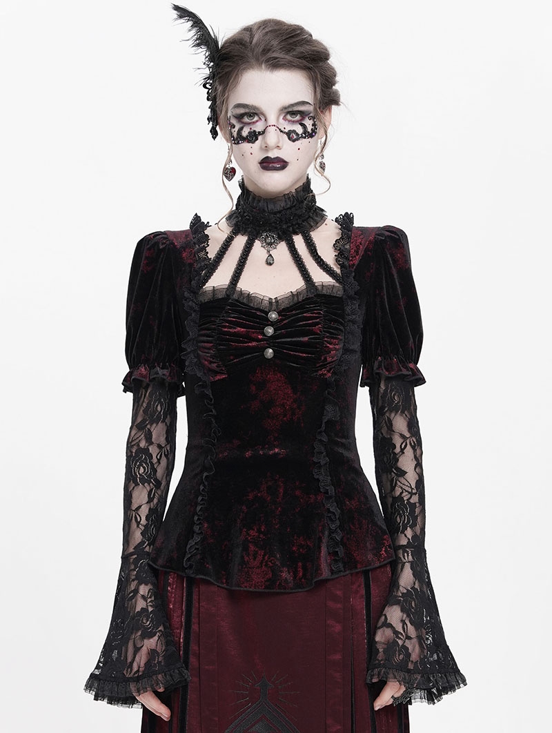 Red Gothic Lace Paneled Puff Sleeve Velvet Shirt for Women