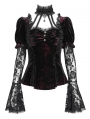 Red Gothic Lace Paneled Puff Sleeve Velvet Shirt for Women