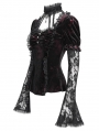 Red Gothic Lace Paneled Puff Sleeve Velvet Shirt for Women