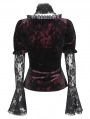 Red Gothic Lace Paneled Puff Sleeve Velvet Shirt for Women