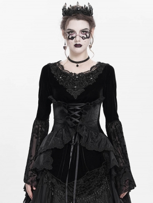 Black Gothic Lace Applique Flared Sleeve Velvet Top for Women