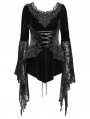Black Gothic Lace Applique Flared Sleeve Velvet Top for Women