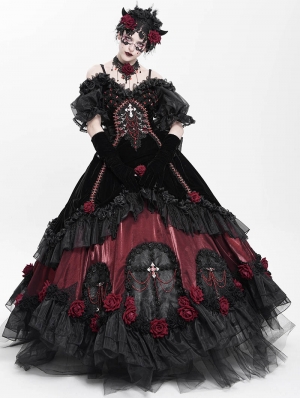 Black and Red Gothic Victorian Rose Embroidery Beading Hooded Gown Dress