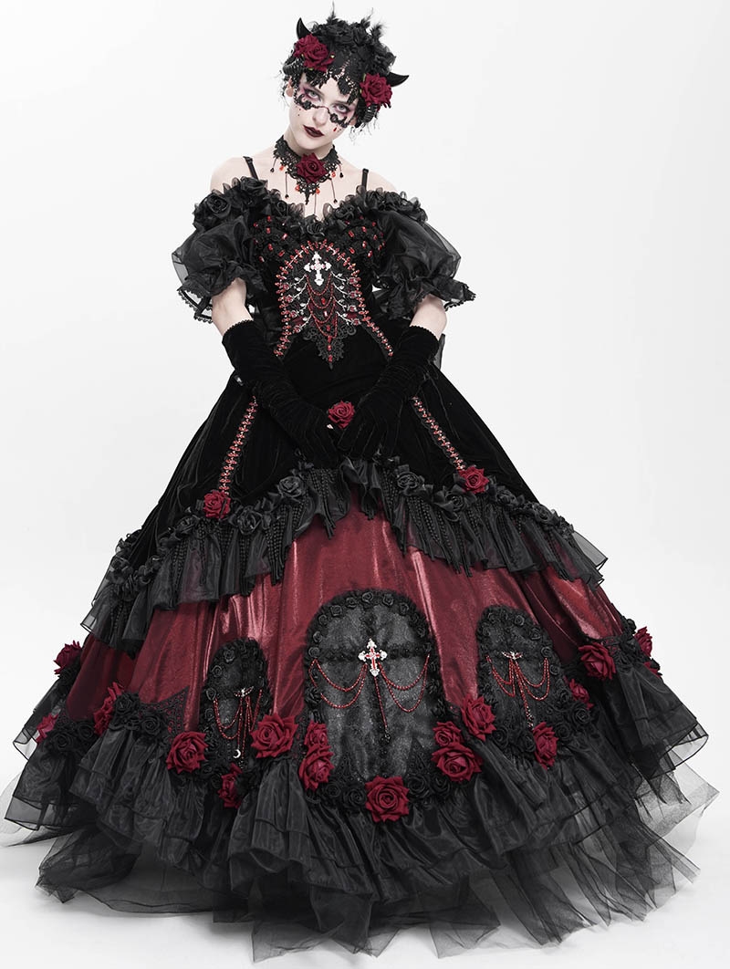 Black and Red Gothic Victorian Rose Embroidery Beading Hooded Gown Dress